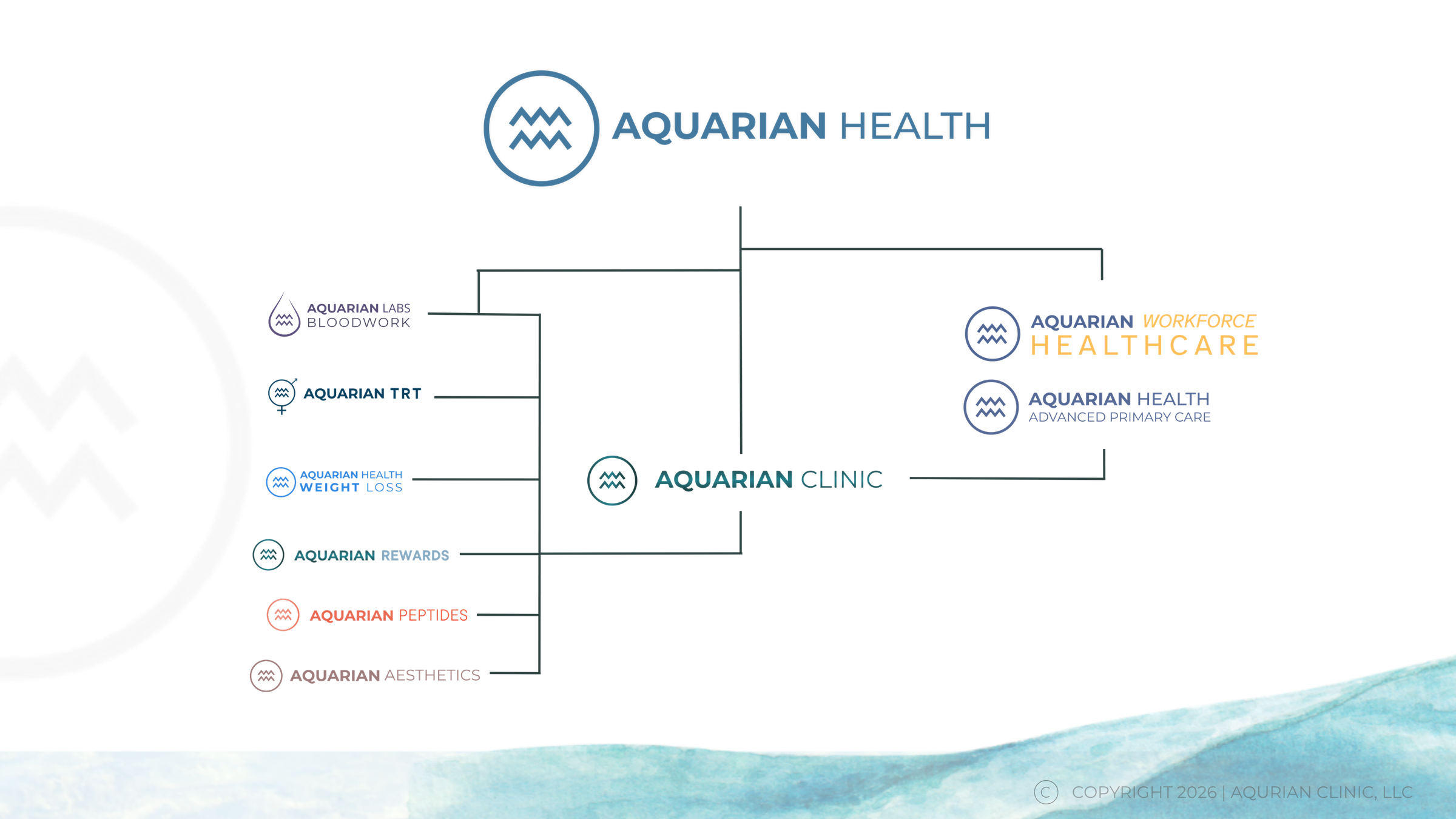 Aquarian Health ecosystem illustrating how employer healthcare, advanced primary care, clinic services, diagnostics, hormone optimization, weight management, peptides, bloodwork, and wellness programs work together as one integrated healthcare solution.